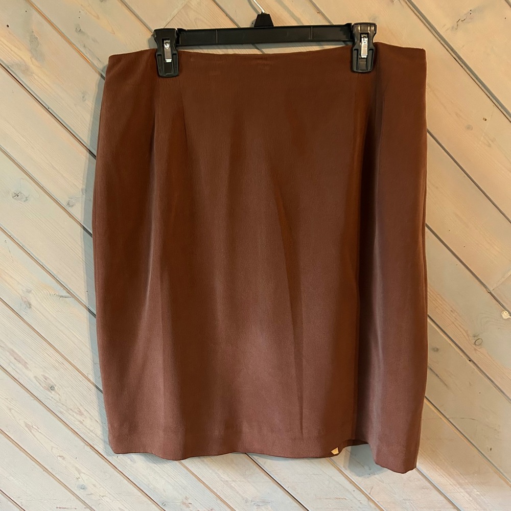 Vintage 100% Silk Pencil Skirt‎ Brown Knee Length Career Wear Size 16